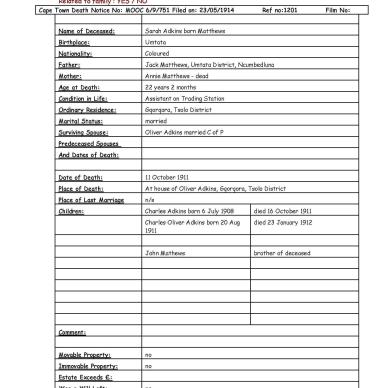 Adkins, Sarah, born Matthews - 1911 Death Notice