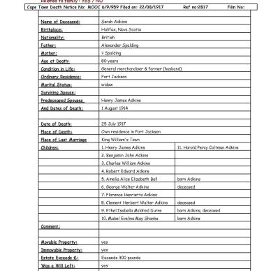 Adkins, Sarah, born Spalding, 1917 Death Notice