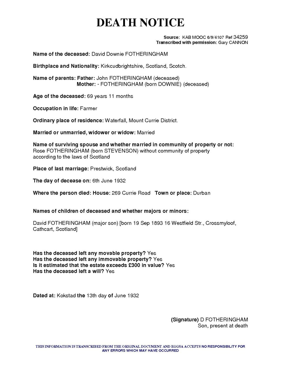 FOTHERINGHAM David Downie - died 6 June 1932  