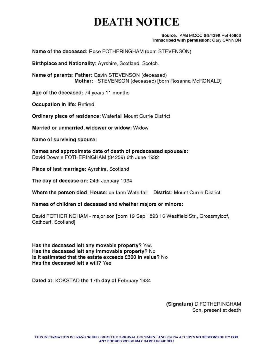 FOTHERINGHAM Rose born STEVENSON - died 24 Jan 1934  