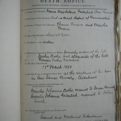 GERTENBACH Maria Magdalena born FERREIRA - Died 17/03/1893 Age abt 43