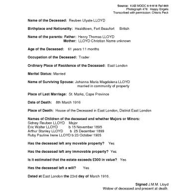LLOYD Reuben  Ulyate - died 8 Mar 1916