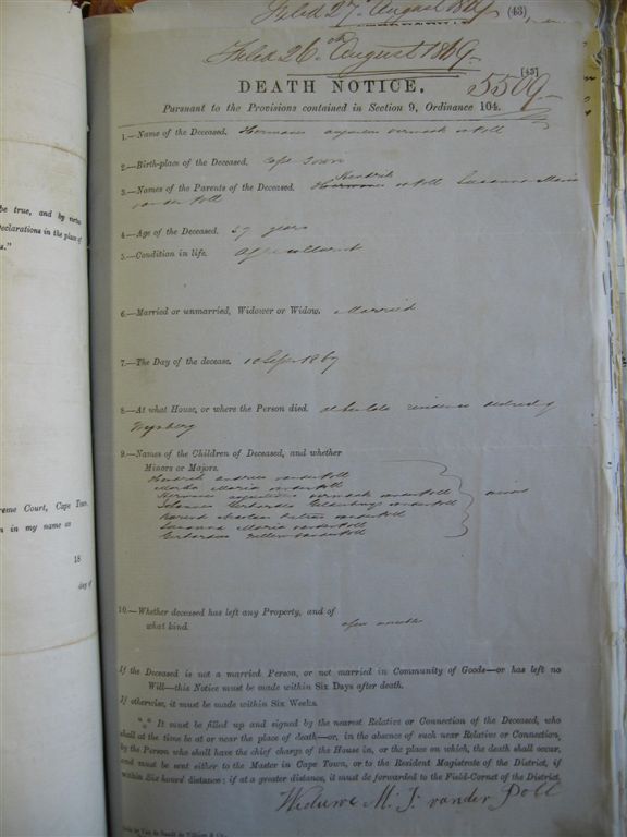 POLL Hermanus Augustus Vermaak, van der - Died 10/091869 - Age 57