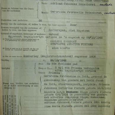 PIETERS Dina Maria born BADENHORST - died 28 Dec 1948