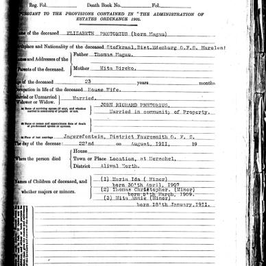 PRETORIUS Elizabeth born Magau - Died 22 Aug 1911