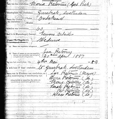 PRETORIUS Maria nee PICK - Died 4 May 1889