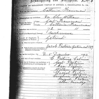 PRETORIUS Catherine nee FRANSMAN - Died 5 Dec 1894