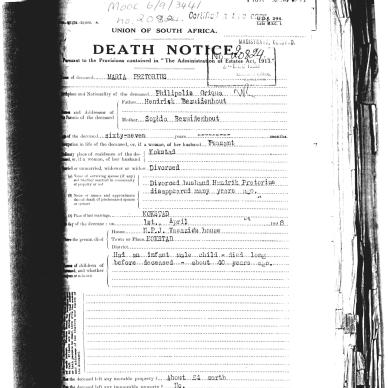 PRETORIUS Maria nee BEZUIDENHOUT - Died 1 Apr 1928
