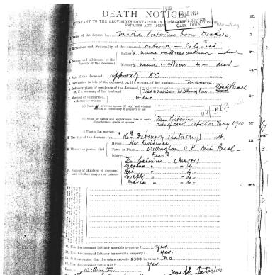 PRETORIUS Maria born DECKERS - Died 16 Feb 1924