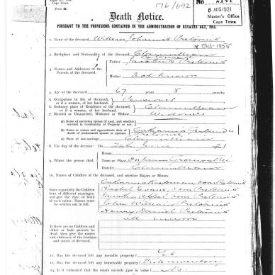 PRETORIUS Willem Johannes - died 24 June 1921