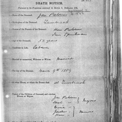 PRETORIUS Jan - Died 9 Mar 1889