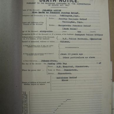 RETIEF Johannes - 1947 - MOOC 6/9/13949, 2453/47 - Death Notice