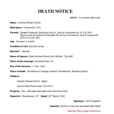RORICH Charles William - died 11 Nov 1933