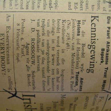 TOERIEN Adriana Helena - 1946 - MOOC 6/9/12624, 278/46 - L&amp;D Newspaper Notice