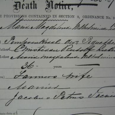 TOERIEN Maria Magdalena Wilhelmina born LIEBENBERG - 1892 - MOOC 6/9/303, 927 - Death Notice close up