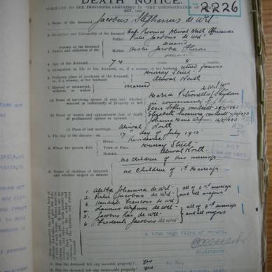 WET Jacobus Stephanus, de - Died 17/07/1915 - Age 74y 8m