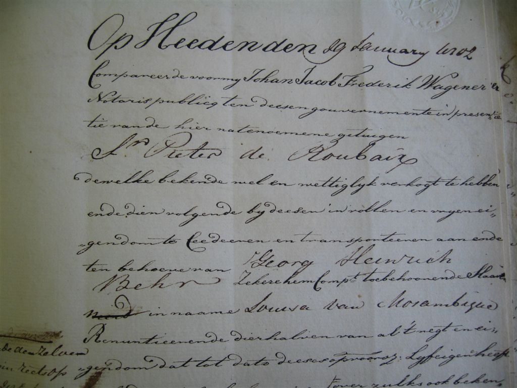 BEHR Georg Heinrich - 1802 - Deed of Transfer of slave Louisa of Mozambique