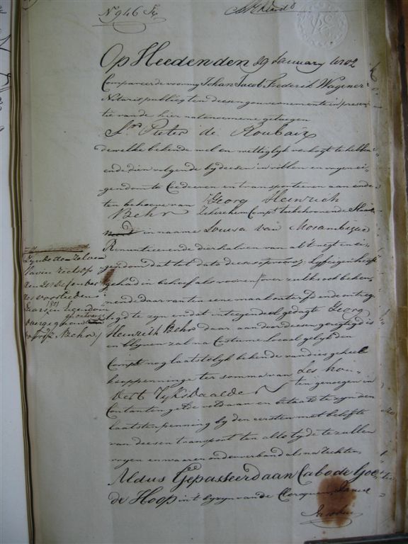 BEHR Georg Heinrich - 1802 - Deed of Transfer of slave Louisa of Mozambique