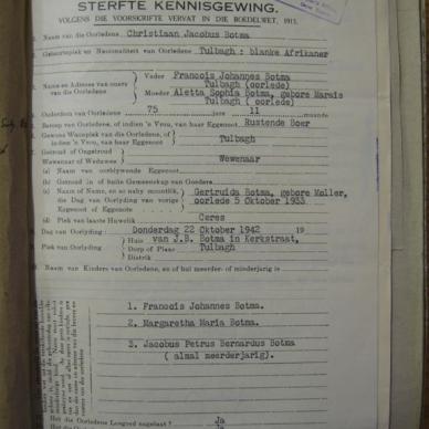 BOTMA Christiaan Jacobus - Died 22/10/1942 - Age 75y 11m