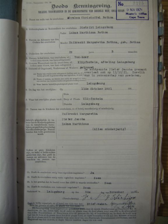 BOTHMA Abraham Christoffel - Died 11/10/1921 - Age 29y 3m