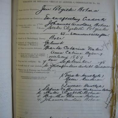 BOTHMA Jan Potgieter - Died 07/09/1898 - Age 65y 6m 25d