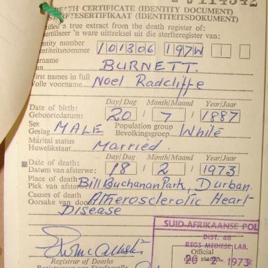 BURNETT Noel Reddecliffe or Radcliffe died18 February 1973