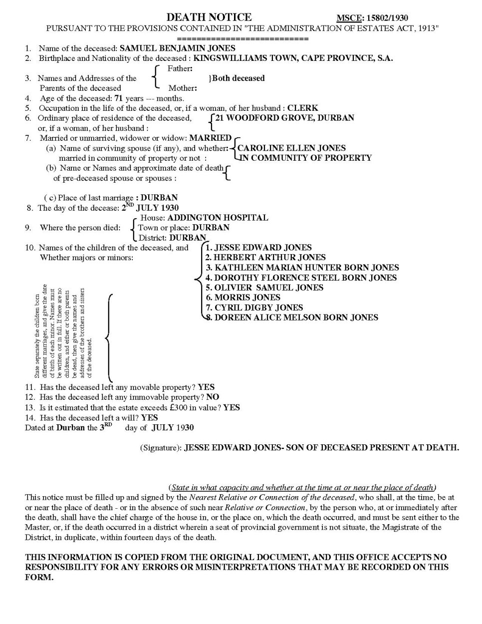 JONES Samuel Benjamin - died 2 July 1930  