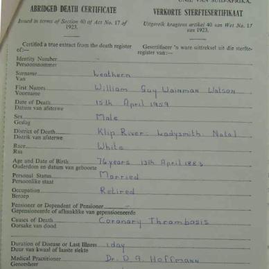 William Guy W W Leathern NAB MSCE 1088 1959 Death Cert