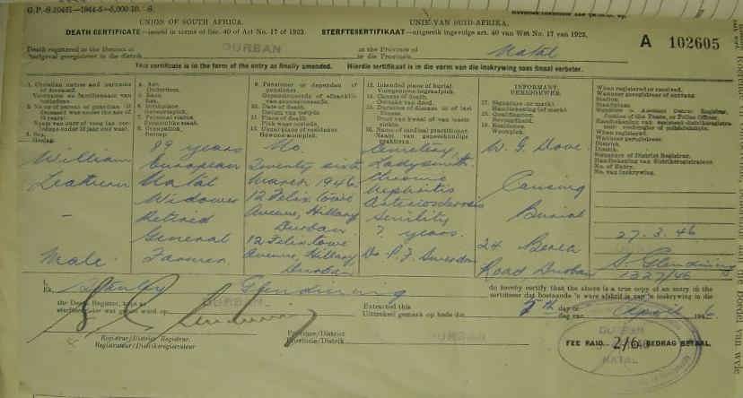 William Leathern 1946 Death Cert