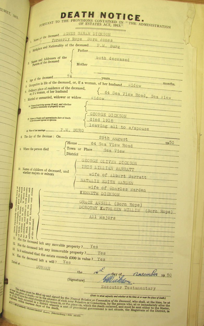 DICKSON Agnes Sarah born JONES died 29 August 1950