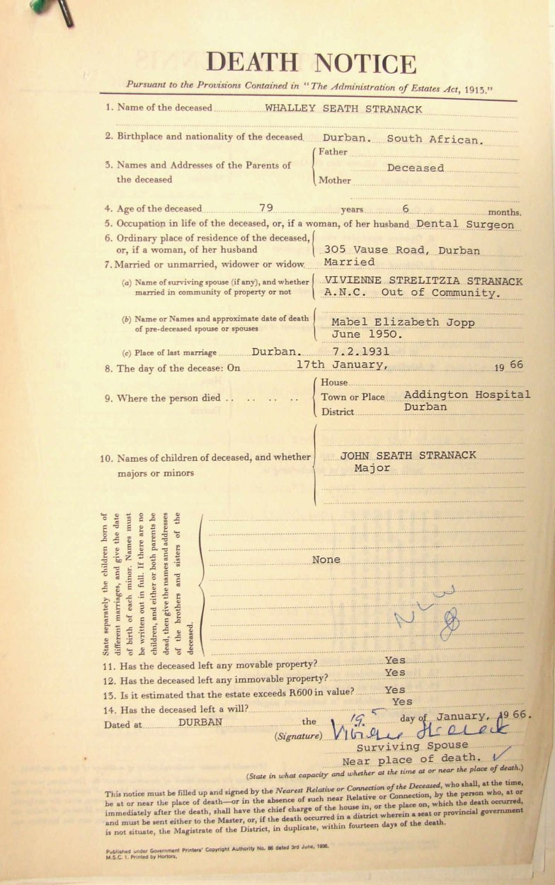 STRANACK Whalley Seath died 17 January 1966
