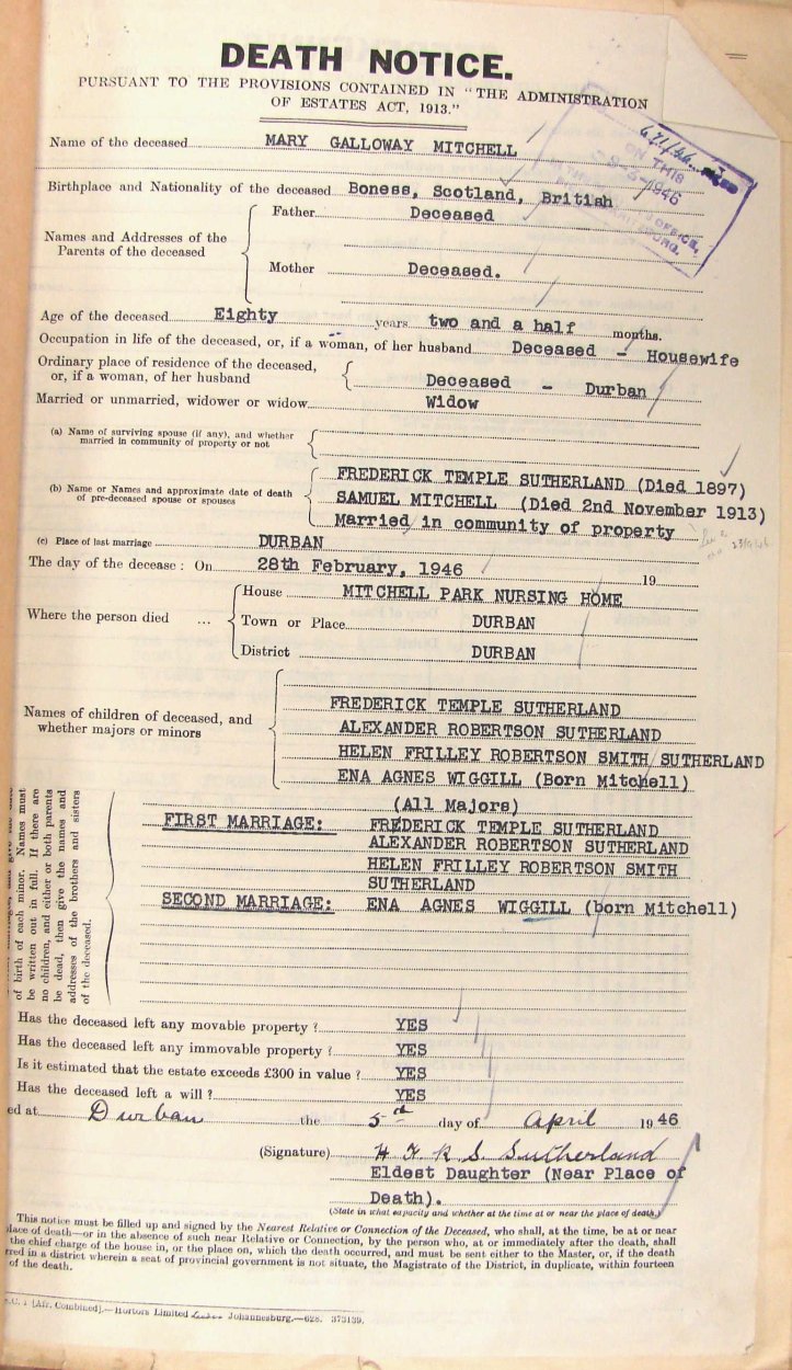 MITCHELL Mary Galloway died 28 February 1946