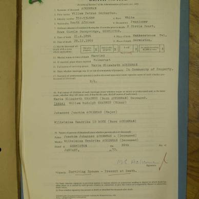 ACKERMAN Willem Petrus Gerhardus - oorlede 28 Des 1969