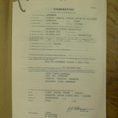 ACKERMANN Johanna Hermina born BESTER - died 29 Jul 1969