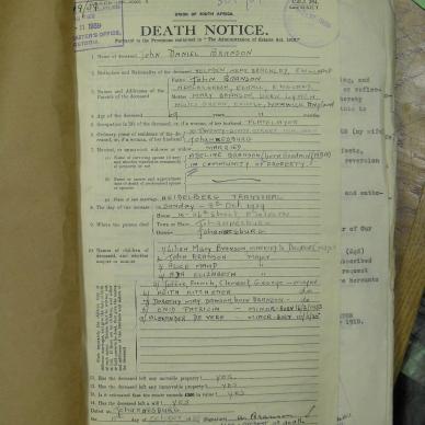 BRANSON John Daniel - died 8 Oct 1939