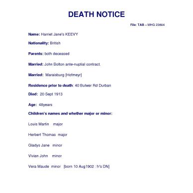 BOLTON Harriet Jane  born KEEVY - died 20 Sept 1913  