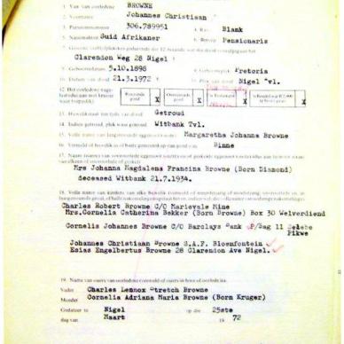 BROWNE Johannes Christiaan - died 21 Mar 1972  