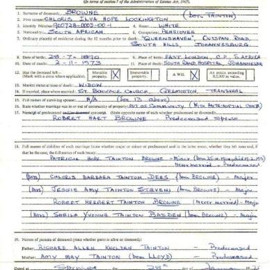 BROWNE Chloris Ilva Hope Lockington born TAINTON  - died 2 Nov 1973