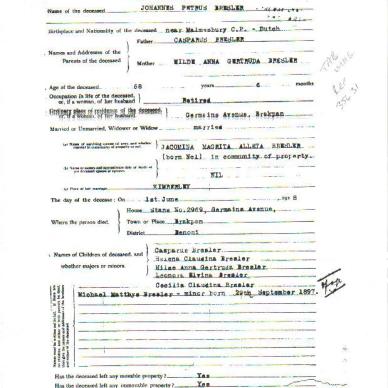 Bresler, Johannes Petrus - died 1 June 1918