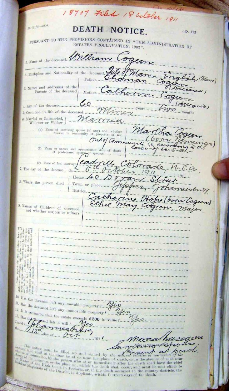 COGEEN William - Died 5 Oct 1911