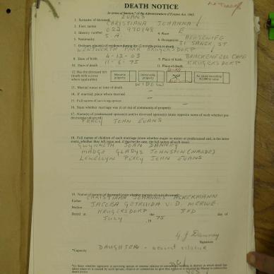 EVANS Christina Johanna born ACKERMANN - died 11 Jun 1975