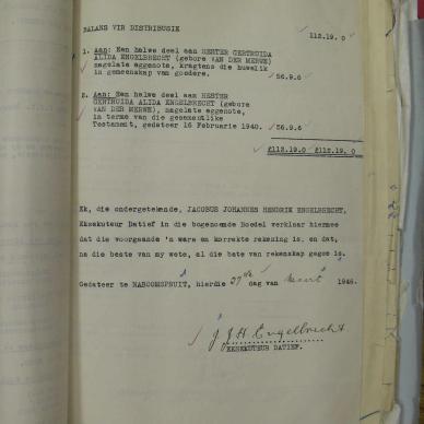 ENGELBRECHT Jacobus Johannes Hendrik - Will dated 1940 Inventory dated 1945