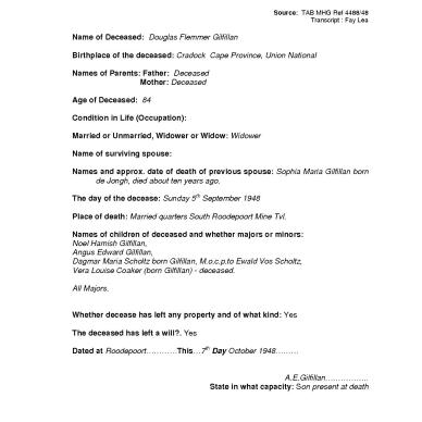 GILFILLAN Douglas Flemmer - died 5 Sept 1948