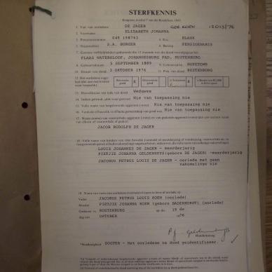 JAGER Elizabeth Johanna DE nee KOEN - oorlede 3 Okt 1976