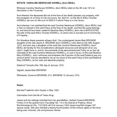 KIDWELL Caroline Newhouse born BEALE - died 5 July 1913