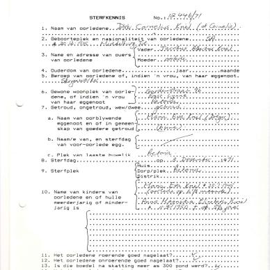 KRIEL Dirk Cornelius - died 3 Dec 1971
