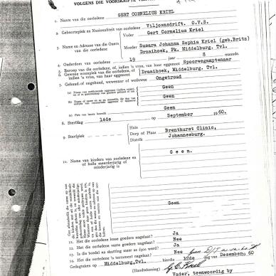 KRIEL Gert Cornelius - died 14 Sep 1960