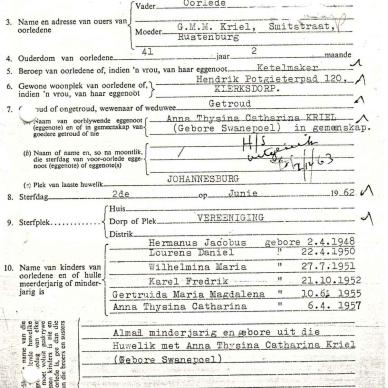 KRIEL Hermanus Jacobus - died 2 Jun 1962