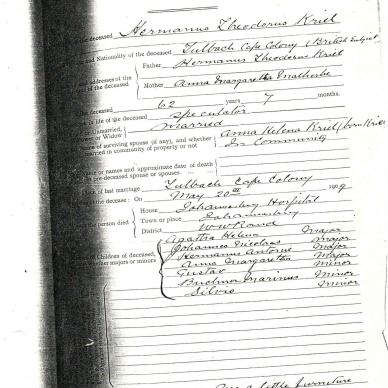 KRIEL Hermanus Theodorus - died 20 May 1909