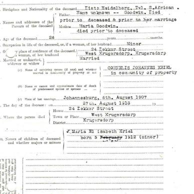 KRIEL Nora nee GOODWIN - died 27 Aug 1918